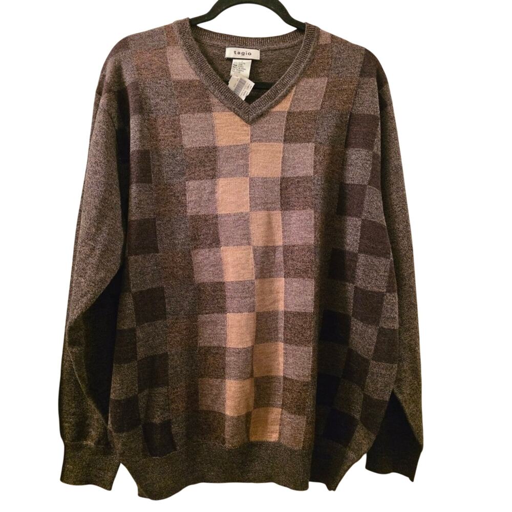 Tagio Men's Wool Brown Checkered Sweater Preppy Size L NWT Classic Casual